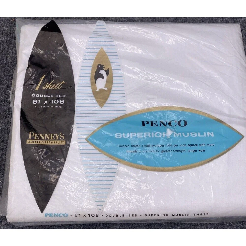 vintage Penney’s Penco Superior Muslin Sheet White Double Bed 81x108 NOS